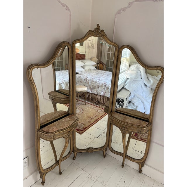 French Louis XV Style Giltwood Triptych Dressing Mirror Vanity With Marble Consoles and Matching Stool For Sale - Image 11 of 12