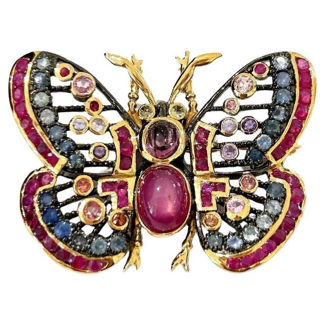Bochic "Orient" Ruby, Multi Sapphires & Spinal Brooch Set In 18K Gold & Silver For Sale - Image 14 of 14