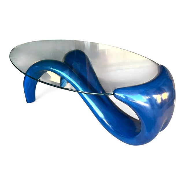 Navy Blue Postmodern Sculptural Navy Blue Coffee Table With Oval Glass Top For Sale - Image 8 of 11