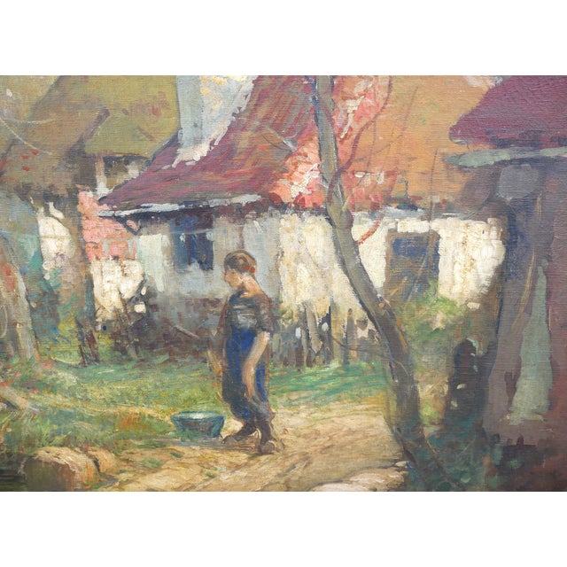 Pastel Impressionist style painting by American landscape artist George Ames Aldrich. The work features a woman standing...