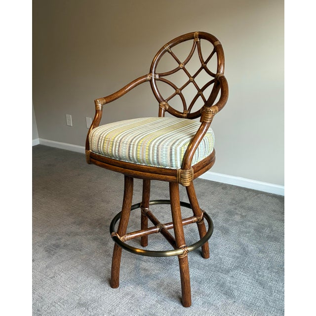 Modern Late 20th Century Set of 3 McGuire Modern Rattan Swivel Bar Stools For Sale - Image 3 of 8