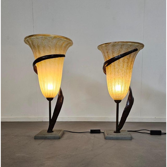 Metal Large Jugendstil Floor Lamps with Stone Base and Italian Glass Shade from Roberto Galli, Set of 2 For Sale - Image 7 of 18