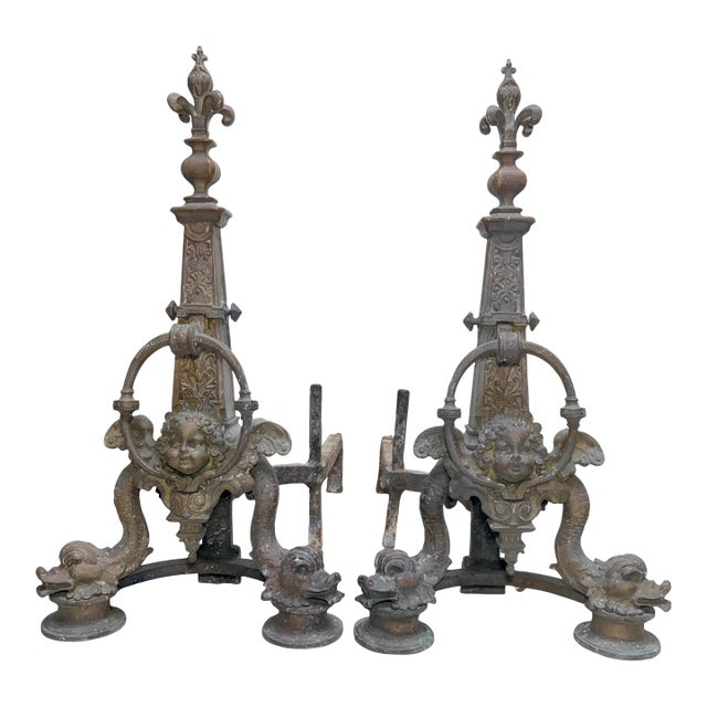 Large Pair of Antique Ornate Victorian Bronze Dolphin Cherub Fireplace Andirons For Sale