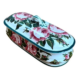 Vintage Rose Motif Porcelain Trinket Box For Sale