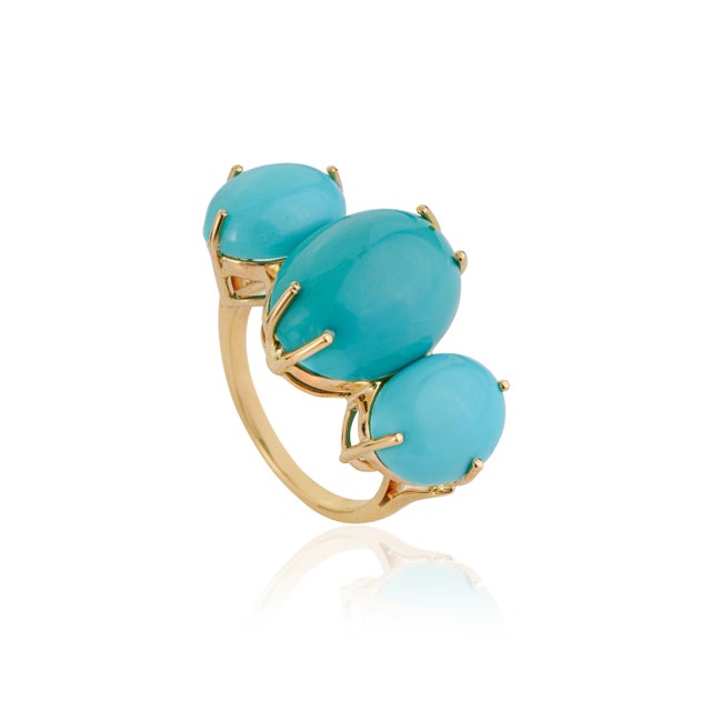 VR Jewels 18k Solid Gold Oval 15.78ct Turquoise Three Stone Victorian Ring Size 4 For Sale - Image 4 of 17