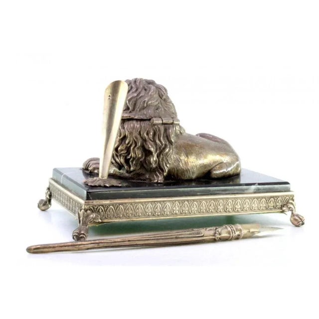 Silver Inkwell with Lion Figure and Pen on Marble and Silver Base with Claw-Shaped Feet, in Very Good conditions. Designed...
