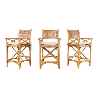 Set of Three McGuire Style Rattan Counter Barstools For Sale