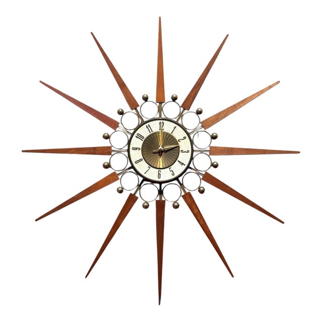 Danish Elgin Mid Century Modern Sunburst Wall Clock For Sale