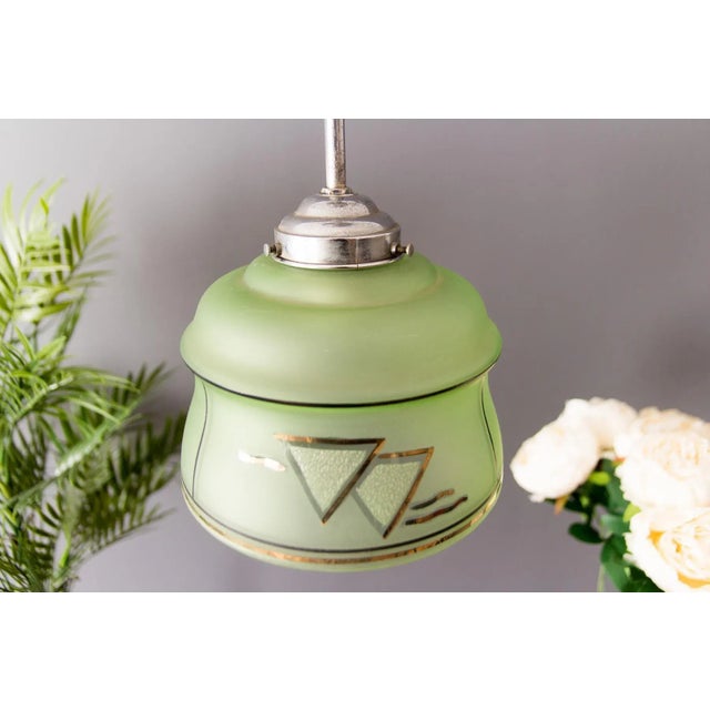 Art Deco French Green Glass Ceiling Lamp, 1930s For Sale - Image 13 of 18