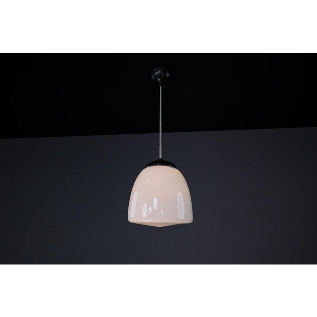 1950s Bauhaus Opaline and Bakelite Pendant Lamp, Czech Republic, 1950s For Sale - Image 5 of 9