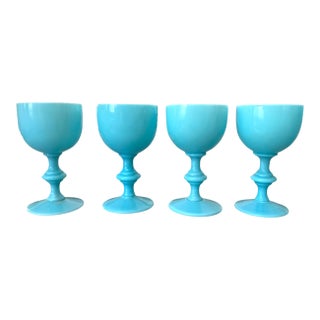 Vintage Portieux Vallerysthal French Turquoise Opaline Cordial Glasses, Set of Four For Sale
