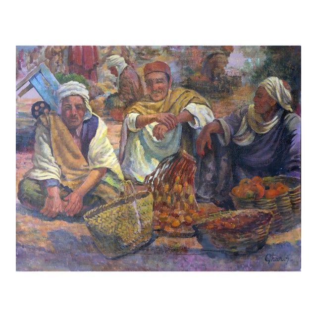 Sellers at the Market, Jalal Gharbi Oil on Canvas Painting For Sale