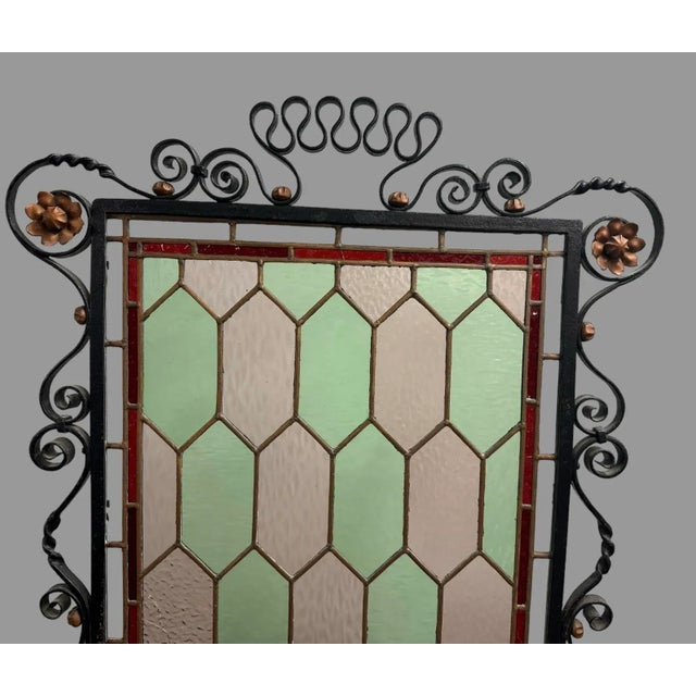 Early 20th Century Antique Wrought Iron & Leaded Glass Fire Screen For Sale - Image 5 of 8