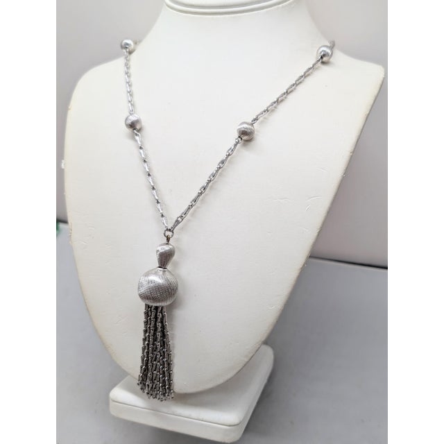 Monet Vintage 1960s Signed Monet Rhodium Plated Tassel Pendant Necklace For Sale - Image 4 of 8