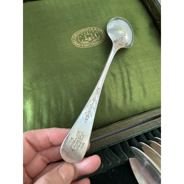 Late 19th Century Antique Orfevrerie Christofle "Canaux Laurier" Monogramed Cutlery Set of 24 - 12 Dinner Knife and 12 Fork - 8" Long For Sale - Image 5 of 11