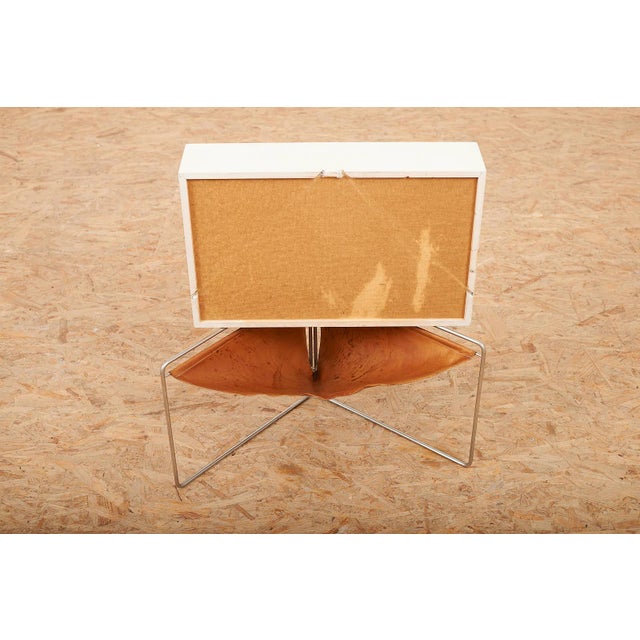 Folding Metal Frame Box with Leather Compartment in White Painted Plywood from Wohnhilfe, 1950s For Sale - Image 9 of 12