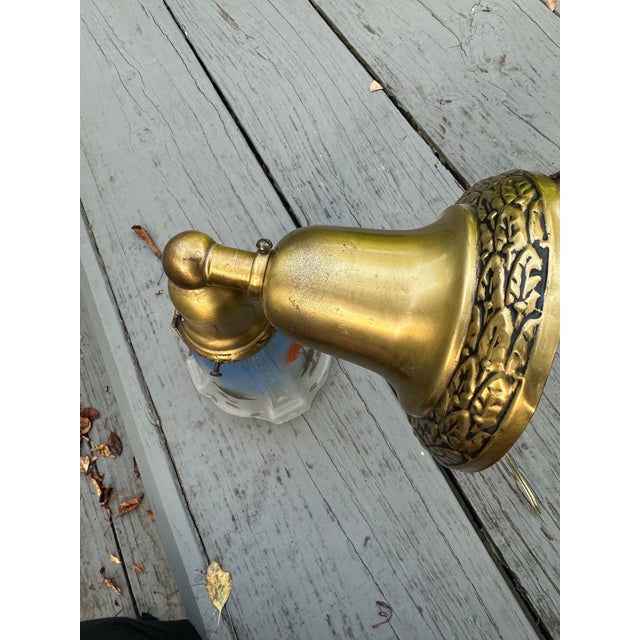 Cornflower Blue Vintage Brass Wall Sconce With Vintage Painted Shade For Sale - Image 8 of 8