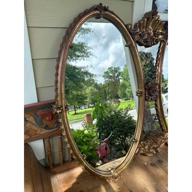 Art Nouveau 1970s Hollywood Regency Gold Double Mirror Large Gilt With Ornate Scrollwork and Mercury Glass For Sale - Image 3 of 10