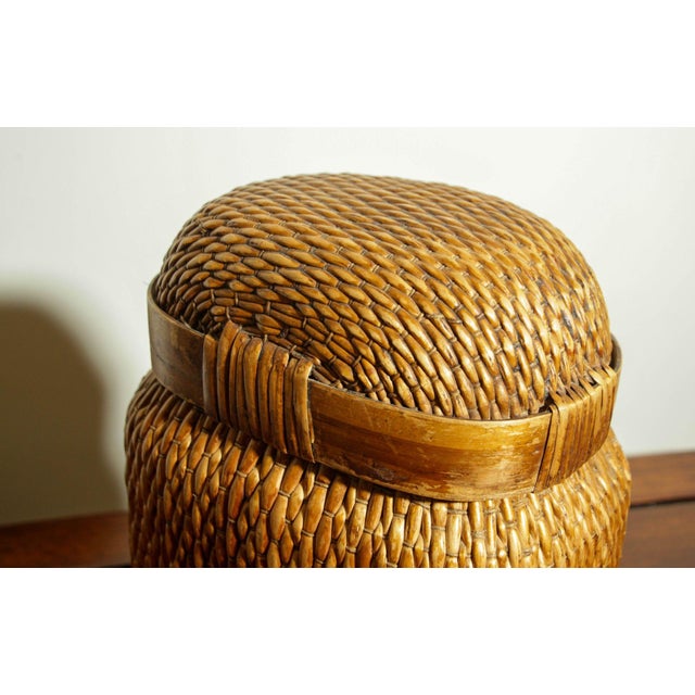 Wood Vintage Chinese Willow Woven Fisherman Basket Asian Storage Container For Sale - Image 7 of 11