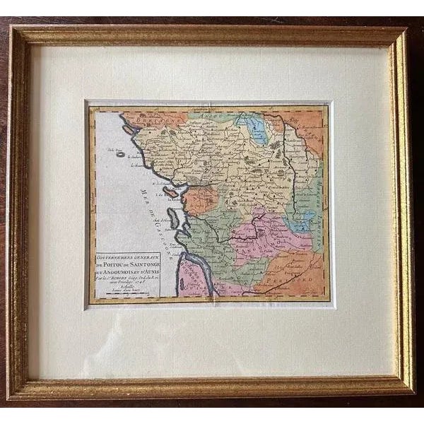 A nicely framed and hand-coloured decorative map titled "gouvernemens generaux de poitou et de saintonge" and engraved by...