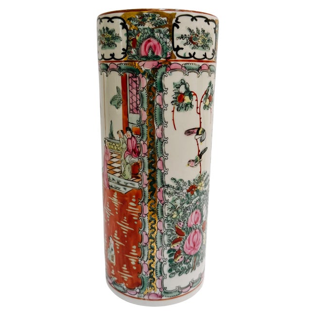 Chinoiserie Vintage Chinese Rose Medallion Cylindrical Porcelain Vase For Sale - Image 3 of 6