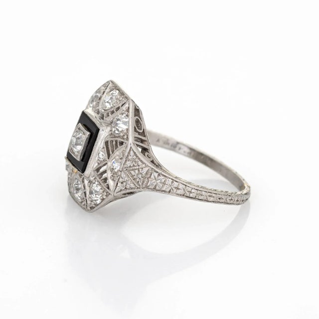 Vintage Art Deco Diamond Onyx Ring Platinum Filigree Octagon Jewellery size 4.75 For Sale - Image 4 of 7