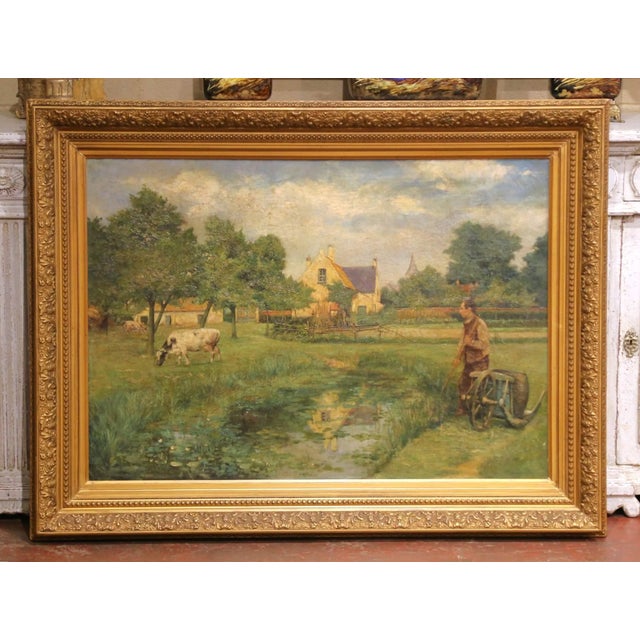 19th Century French Barbizon Style Pastoral Oil on Canvas Painting For Sale In Dallas - Image 6 of 12