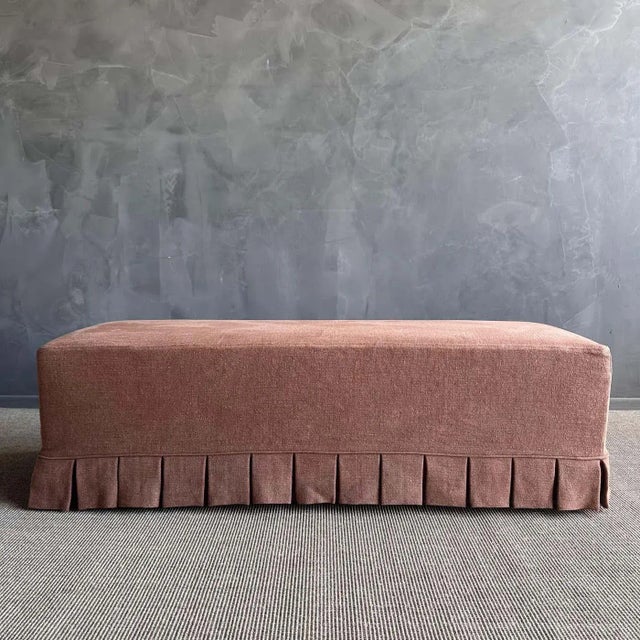 Mid-Century Modern Slipcovered Bench in 100% Pure Linen With Pleated Skirt Detail For Sale - Image 3 of 6