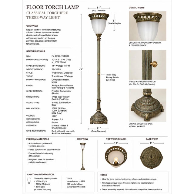 Rustic European Classical Antique Brass & Verdigris Torchiere Floor Lamp With Frosted Fluted Shade For Sale - Image 3 of 3