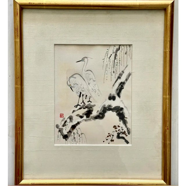 White Japanese Paintings of Cranes, Ink and Tempera in Gilt Wood Frames, a Pair For Sale - Image 8 of 13