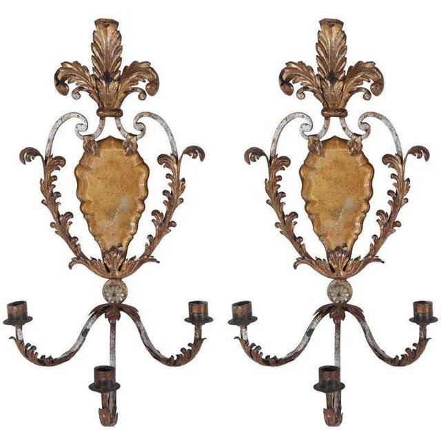 Italian Pair 1900's Italian Tole and Iron Sconces For Sale - Image 3 of 10