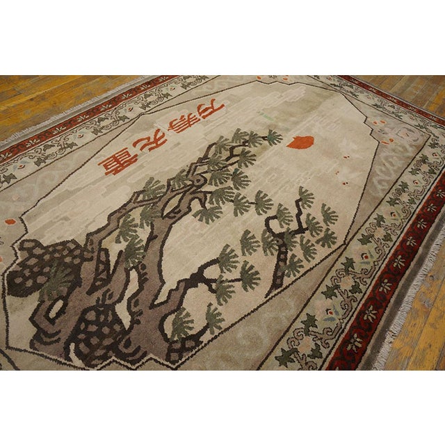 1920s Ivory Gray Scene Pictorial Antique Chinese Khotan Rug 4'2" X 6'8" Hand Knotted Wool Carpet For Sale - Image 4 of 6