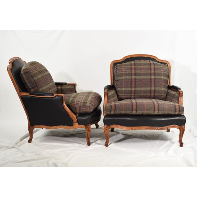 New Ralph Lauren Plaid Tartan Wool and Leather on Vintage Louis XV-Style Versailles Library Chairs - 2 Pieces For Sale - Image 11 of 18