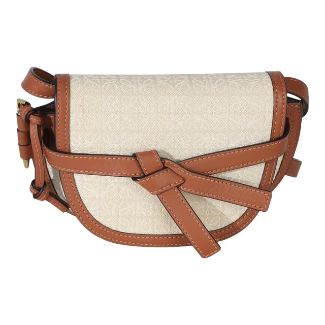Beige Calfskin Jacquard Anagram Mini Dual Gate Bag For Sale