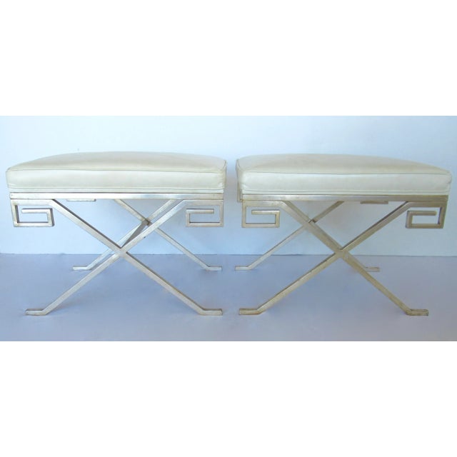 Contemporary C. .2001 Nancy Corzine Gilt Sterling Silver Over Forged Metal "Greek Key," Leather Topped "Marston" Benches For Sale - Image 3 of 18
