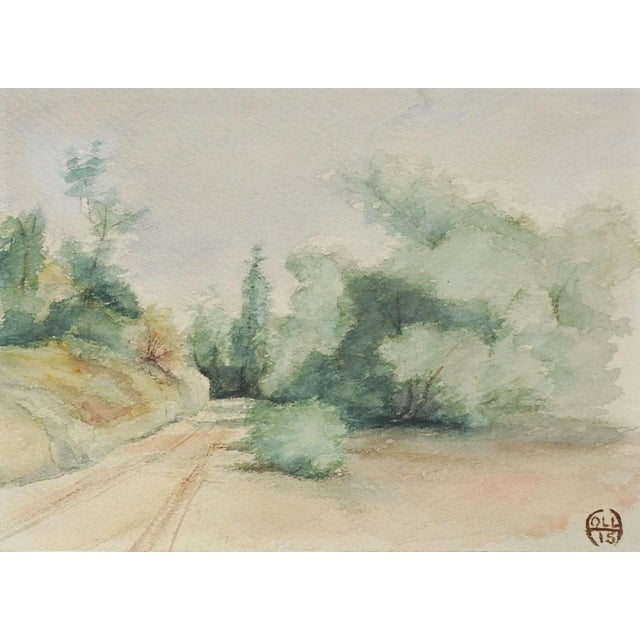 Rustic Small Antique 1915 Country Road Landscape Watercolor Painting For Sale - Image 3 of 3