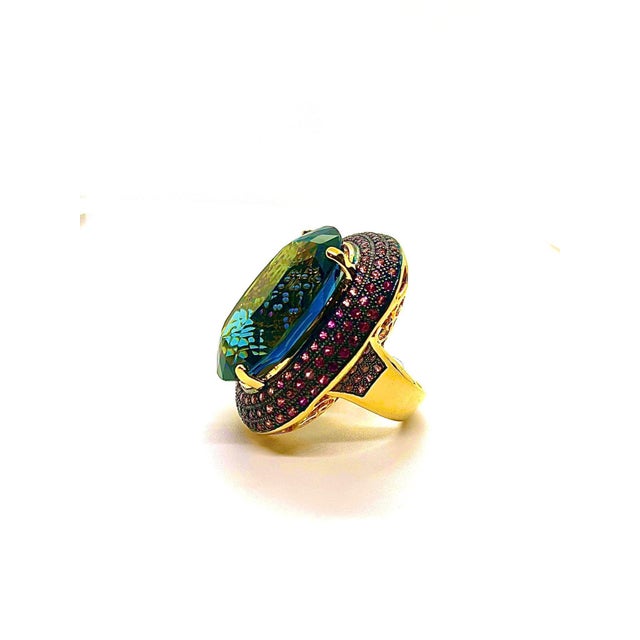 Bochic “Orient” Vintage London Blue Topaz & Rhodolite Ring Set In 18 K Gold & Silver For Sale - Image 4 of 11