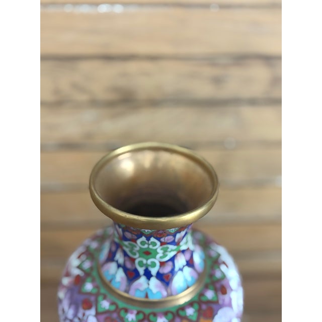 Vintage Chinese Cloisonné Vase With Cranes & Peony Motif – 8” For Sale - Image 9 of 9