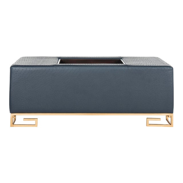 Faux Ostrich Tray Ottoman & Coffee Table in Navy & Espresso For Sale