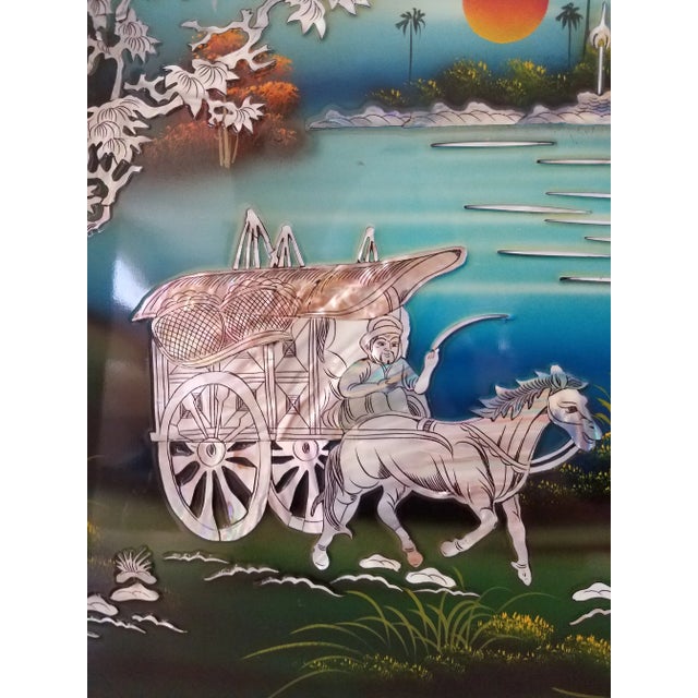 Chinese black lacquer and mother of pearl signed wood wall hanging. This picture is stunning and vibrant! The artist...