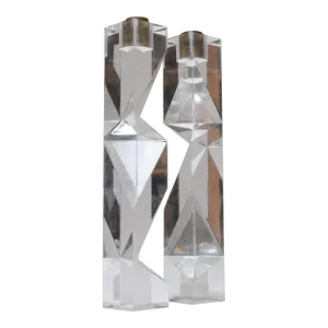 Vintage Italian Asymmetrical Lucite and Brass Sculptural Prism Candleholders