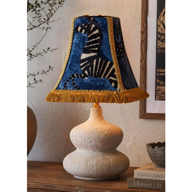 Textile Designer- Regal Sapphire/Blue Velvet Zebra Lamp Shade With Gold Trim and Harvest Brush Fringe For Sale - Image 7 of 7