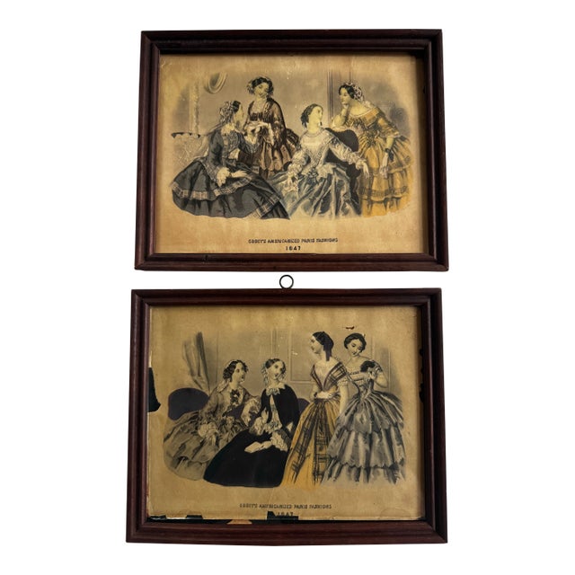 Vintage Godey’s Americanized Paris Fashions 1847 Framed Prints - Set of 2 For Sale