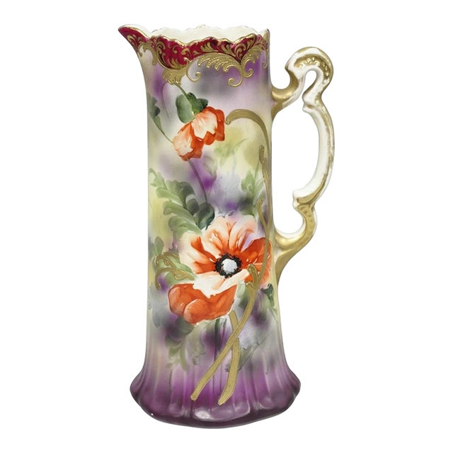 Antique Nishiku Royal Nippon Hand Painted Floral Gold Gilt Handle Water Pitcher For Sale
