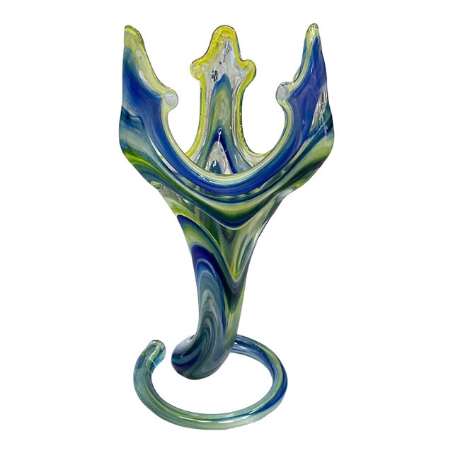 Contemporary Hand-Blown Studio Art Glass Sculpture in Blue & Green With Freeform Crown For Sale
