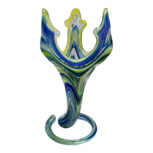 Contemporary Hand-Blown Studio Art Glass Sculpture in Blue & Green With Freeform Crown
