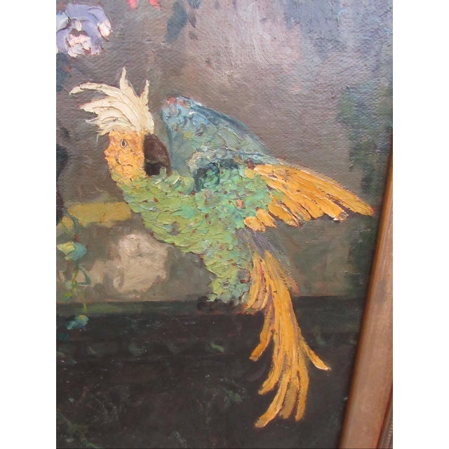Wood 1920s Still Life Floral and Cockatoo Painting, Attrib to Geoffrey Holt For Sale - Image 7 of 18