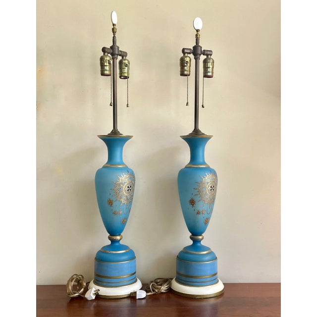 Vintage French Opaline Blue & Gold Gilt Glass Table Lamps - a Pair For Sale - Image 4 of 13