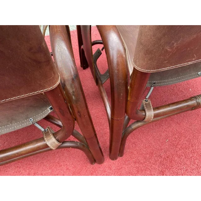 Wood Set of Leather & Bamboo Chairs by Tito Agnoli, 1960s For Sale - Image 7 of 12