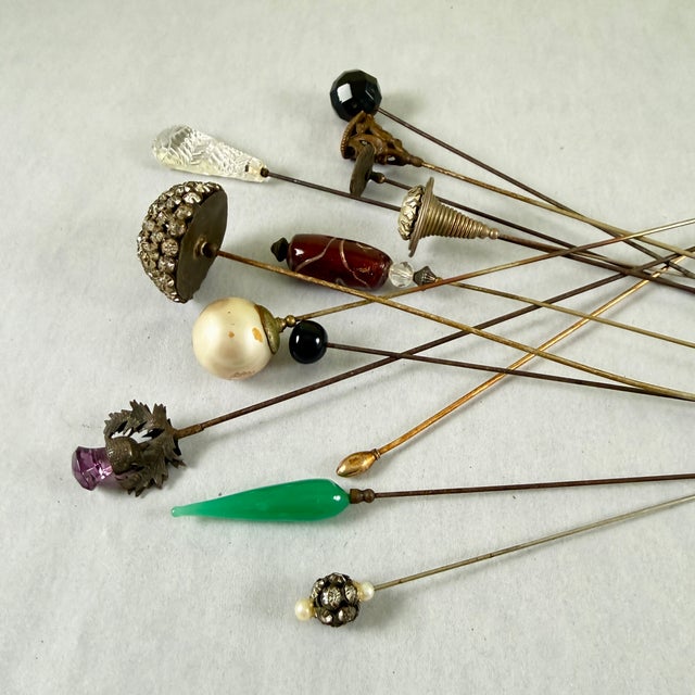 Brass Antique Ladies Hat Pins Collection, Brass & Glass, 1900-1920 For Sale - Image 8 of 12